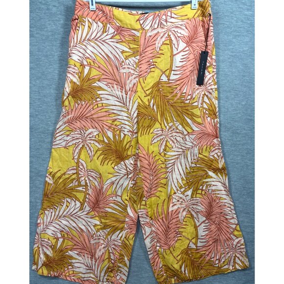 Tahari Womens Tropical Print Linen Pants XL Yellow & Pink - Picture 1 of 4